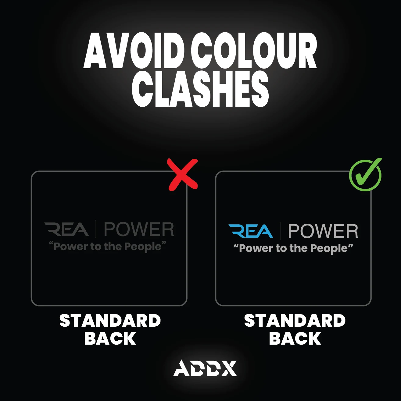 Avoid colour clashes — a dark grey logo disappears on a dark garment, the same logo in bright blue stands out