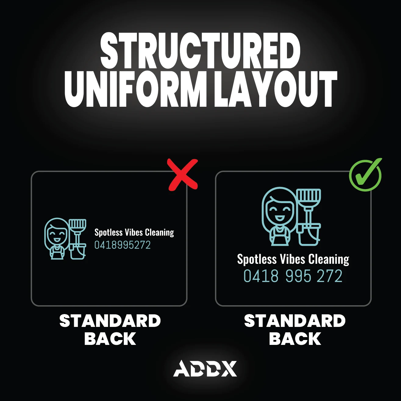 Structured uniform layout — a small cramped logo versus a centred, balanced layout that reads clearly