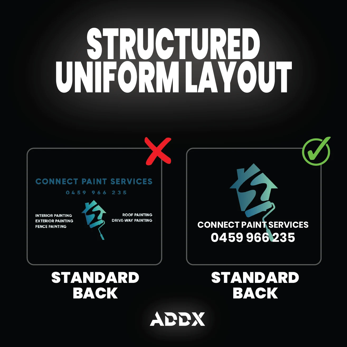 Structured uniform layout — a cluttered service list versus a clean logo with just the name and phone number