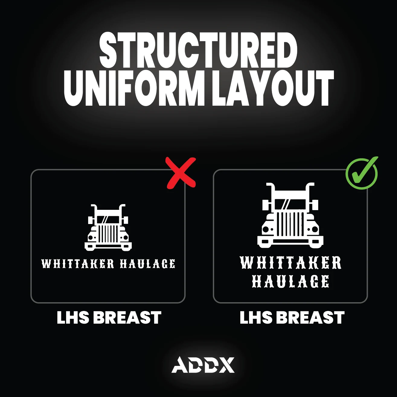 Structured uniform layout — a small single-line logo versus a larger stacked layout that's clear on the chest or back