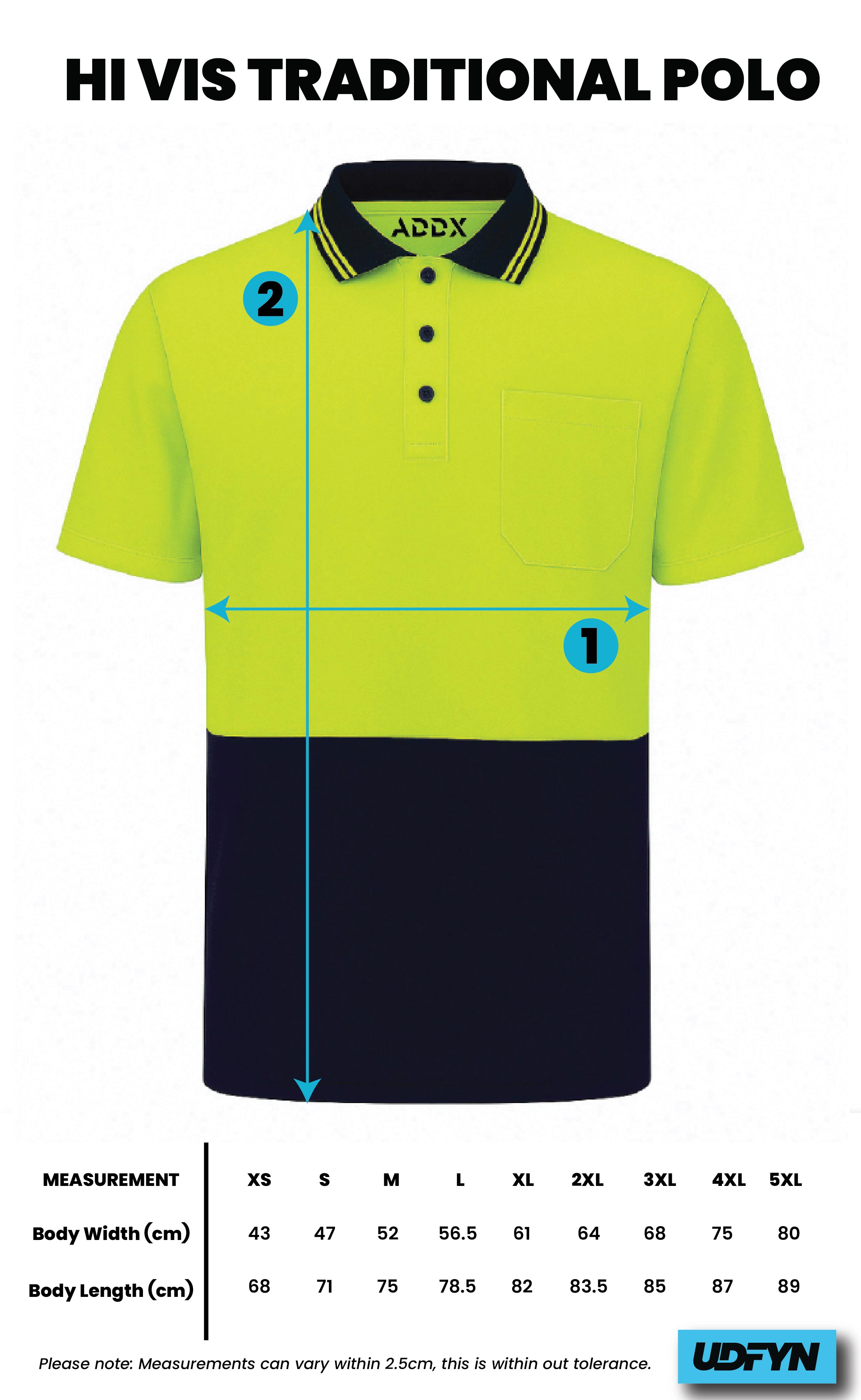 Hi Vis Traditional Polo size chart