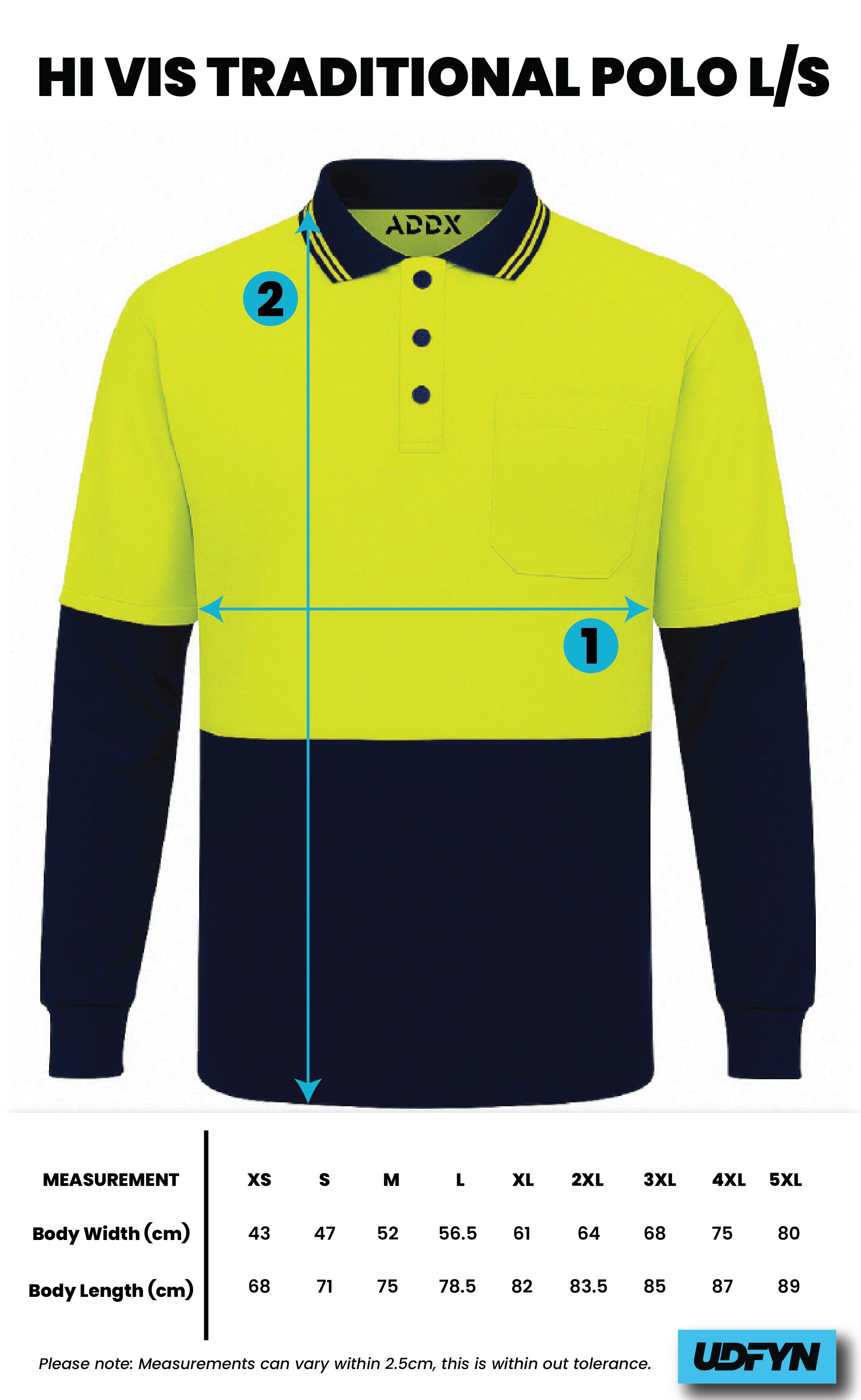 Hi Vis Traditional Polo L/S size chart