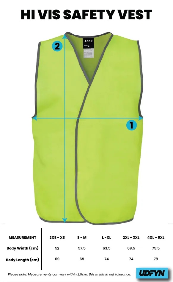 Hi Vis Safety Vest size chart