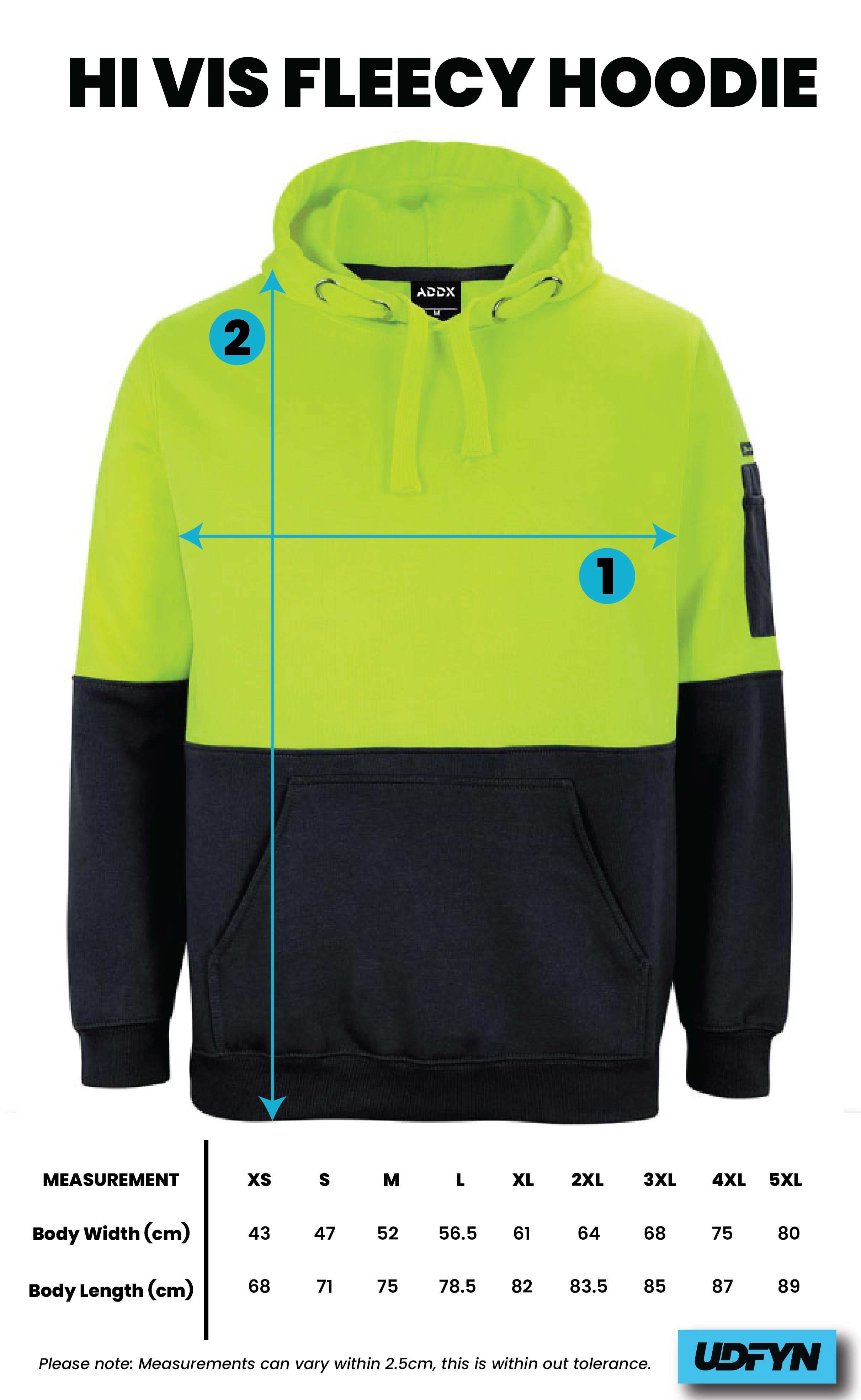 Hi Vis Fleecy Hoodie size chart