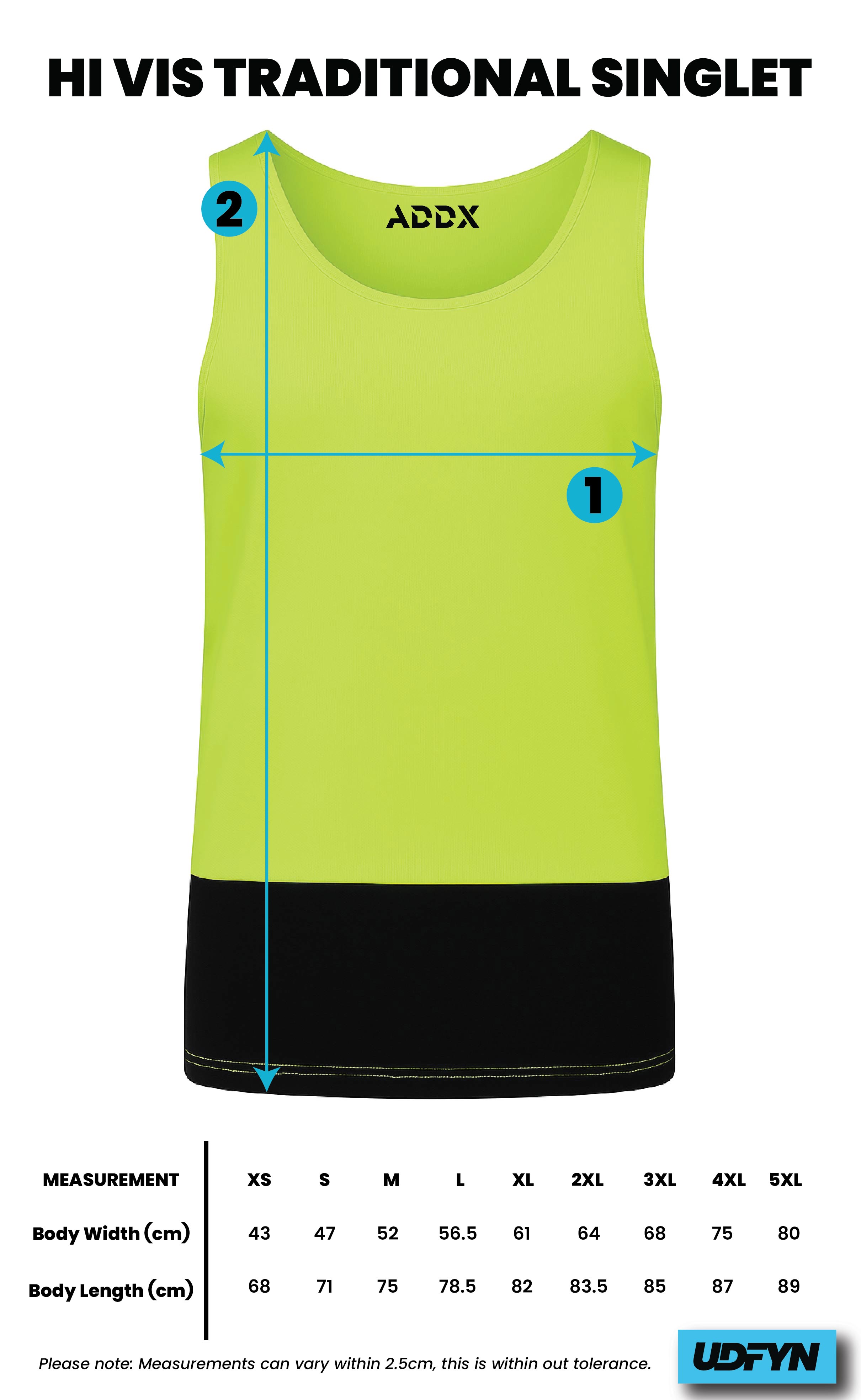 Hi Vis Traditional Singlet size chart