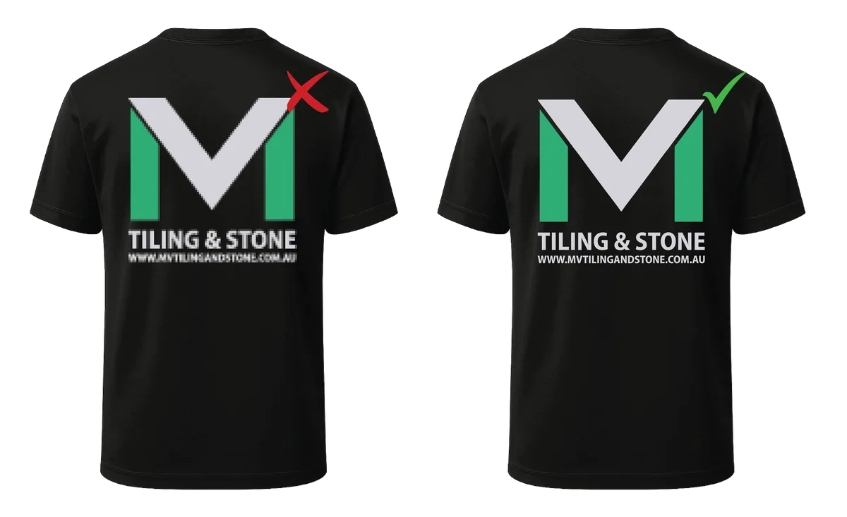 Before and after the same logo printed crisp on a uniform